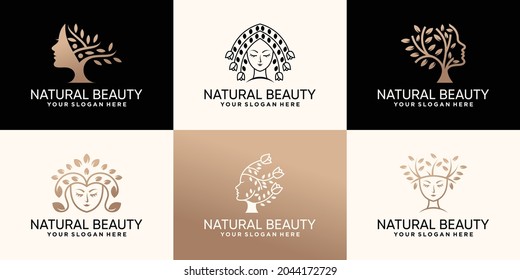 Set bundle of natural beauty logo design collection with flower and tree concept Premium Vector