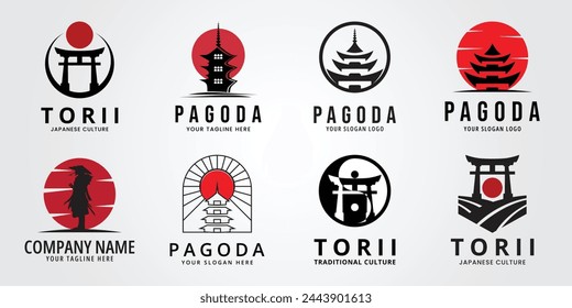 set bundle pagoda temple with sunburst logo vector symbol illustration design, minimalist pagoda temple