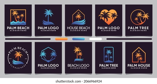 Set bundle of palm logo design inspiration, illustration with line art and negative space concept Premium Vector