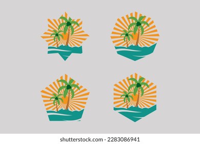 Set bundle palm tree beach with sunrise logo design template element vector 