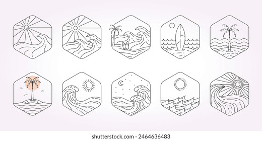 conjunto Paquete de paradise island línea de arte logo icono Plantilla. diseño de ilustración de ícono náutico. vista simple del océano