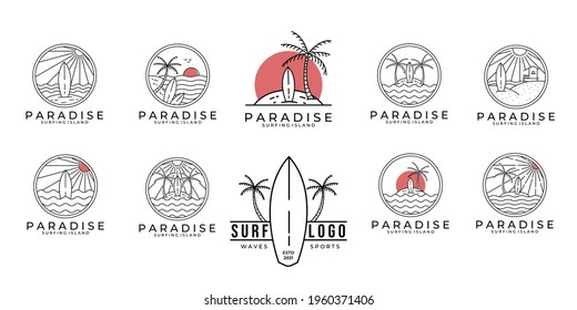 set  bundle paradise surf logo line art vector illustration design, paradise beach logo design.