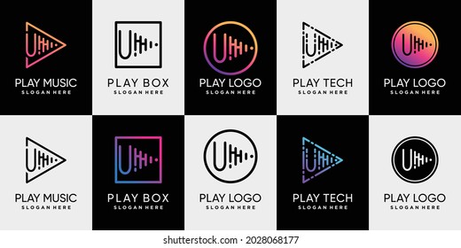 Establecer el diseño del logotipo de la música de juego con la letra inicial u y el estilo de arte de línea exclusivo Premium Vector