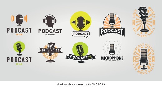 set bundle podcast logo with microphone icon design illustration vector design