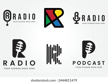 set bundle Podcast Radio Logo design On Letter R Design Using Microphone Template vector illustration