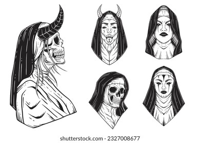 Set Bundle Prayer Girl Nun Tattoo Horror Women Skull Horn Head Horror Hatching Outline Hand Drawn Style illustration