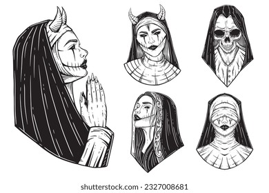 Set Bundle Prayer Girl Nun Tattoo Horror Women Skull Horn Head Horror Hatching Outline Hand Drawn Style illustration