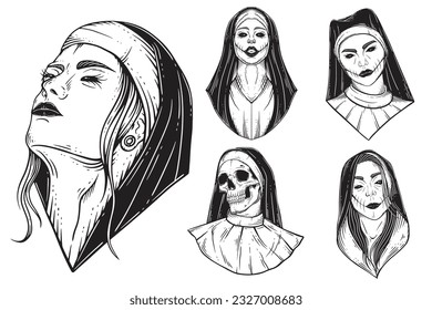 Set Bundle Prayer Girl Nun Tattoo Horror Mujeres Cabeza de Cuerno Horno Horror Hatching Esquema Dibujo Estilo