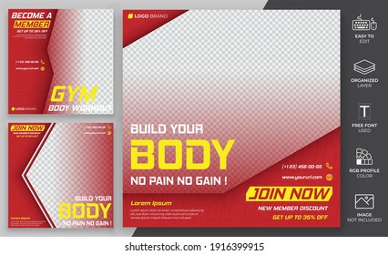 Set Bundle of Promotion Social Media Post Template Vector Design. Gym Post Template Can Be Use for Feed and Marketing