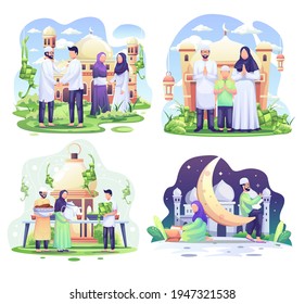Ensemble de l'illustration de concept du Ramadan. Des musulmans heureux fêtent le Ramadan du mois saint, l'Aïd Moubarak. illustration vectorielle	