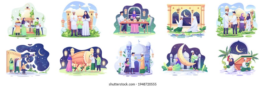 Set bundle of Ramadhan concept illustration. Happy Muslim people celebrate Holy Month Ramadhan, Eid Mubarak greeting. vector illustration	