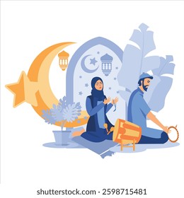 Set bundle of Ramadhan concept illustration. Happy Muslim people celebrate Holy Month Ramadhan, Eid Mubarak greeting. vector illustration	