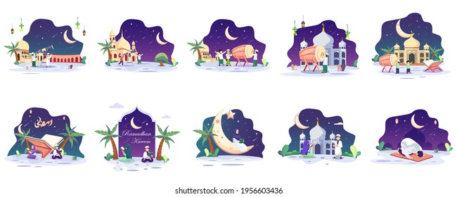 Set bundle of Ramadhan Kareem concept illustration. Happy Muslim people celebrate Holy Month Ramadhan, Eid Mubarak greeting. Flat vector template Style for Web Landing Page, Background.