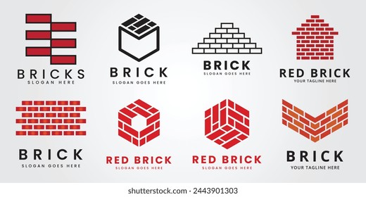 set bundle red brick, pile and stack balance bricks logo vector illustration design template product