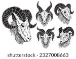 Set Bundle Satanic Goat Head horns Sheep Skull Dark Art black white for tattoo clothing Hand Drawn illustration