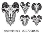 Set Bundle Satanic Goat Head horns Sheep Skull Dark Art black white for tattoo clothing and Merch Hand Drawn illustration