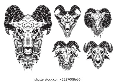 Set Bundle Satanic Goat Head horns Sheep Skull Dark Art black white for tattoo clothing and Merch Hand Drawn illustration