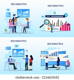 Set bundle SEO Analytics Team, Search engine ranking, Seo success, Seo optimization, illustration with icons and character. Flat vector template style Suitable for Web Landing Pages.