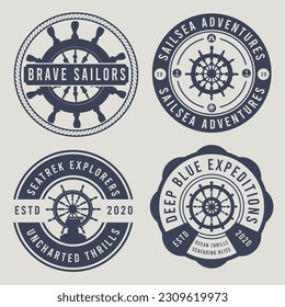 Set Bundle of Ship wheel Luxury Badge Vector Logo, Illustration Vintage Design. Sailor naval vector vintage label, badge, or emblem in monochrome style.