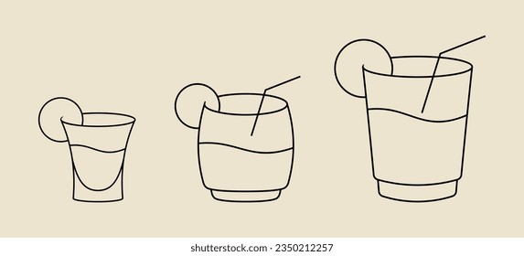 Set Bundle of Simple Outline Glass Icon Design. Cocktail Glass Icon Design. Minimalist Design.