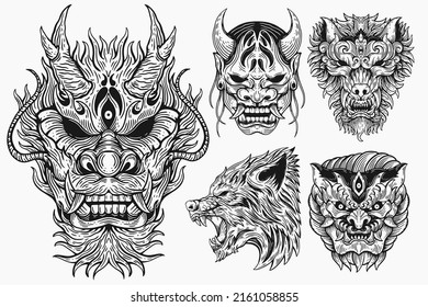 Set Bundle Skull Devil Mask and Beast Horror Hand drawn Hatching Outline Symbol Tattoo Merchandise T-shirt Merch vintage