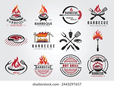 Conjunto de conjunto de barbacoa ahumada, parrilla, diseño de ilustración vectorial de logotipo