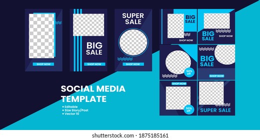 set bundle social media template with blue color and shapes vector