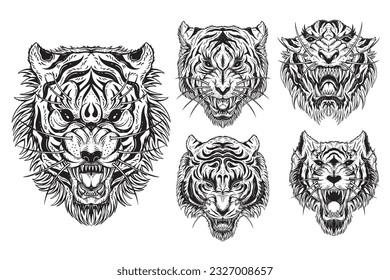 Set Bundle Tiger Head Angry Beast roaring mascot For Tattoo Clothing black and white Hand Drawn illustration