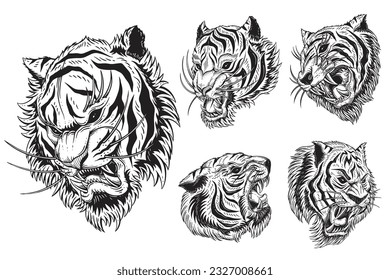 Set Bundle Tiger Head Angry Beast roaring mascot For Tattoo Clothing black and white Hand Drawn illustration