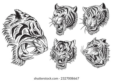 Set Bundle Tiger Head Angry Beast roaring mascot For Tattoo Clothing black and white Hand Drawn illustration