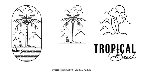 Set Bundle Tropical Beach Art Illustrations Logo. Palm, Boat, Surf Line art.