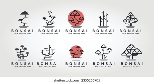 set, bundle vector of bonsai tree logo line art symbol illustration design