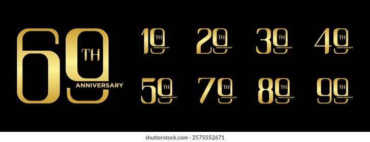 set and bundle of vector illustrations of golden anniversary celebration logos on black background, can be used as logos for birthdays, celebrations