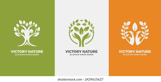 Set bundle of victory nature and tree logo with line art style and unique circle concept Premium Vector