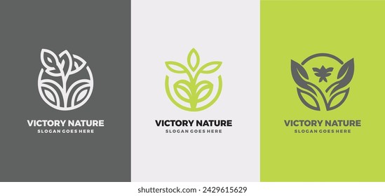 Set bundle of victory nature and tree logo with line art style and unique circle concept Premium Vector