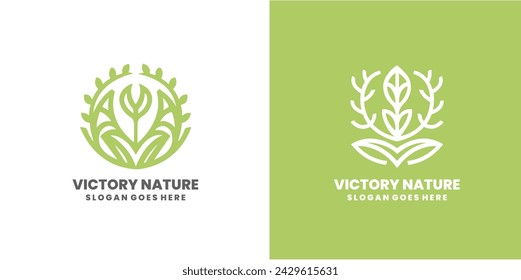 Set bundle of victory nature and tree logo with line art style and unique circle concept Premium Vector