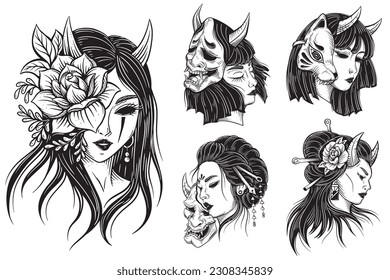 Set Bundle Vintage Japanese girl geisha Rose woman Skull Mask Tattoo Traditional warrior illustration