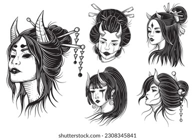 Set Bundle Vintage Japanese girl geisha Rose woman Skull Mask Tattoo Traditional warrior illustration