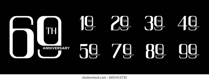 set and bundle of white anniversary celebration logo vector illustrations on black background, can be used as logo for birthday, celebration