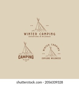 Set Bundle Winter Camping Logo Vector Illustration Isolated Retro And Vintage Styles. Winter Adventure Logo Vector Design Template With Brush Line Art. 