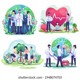 Set Bundle Of World Helath Day With Characters Doctor Staff And People Doing Activity. Vector Illustration	