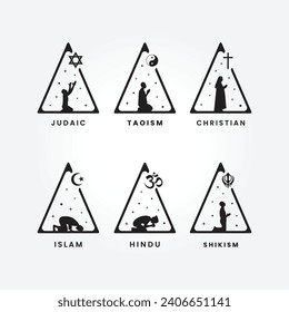 set bundle world religious symbol. religions islam, buddhism, taoism, judaic, christian and sikh vector illustration