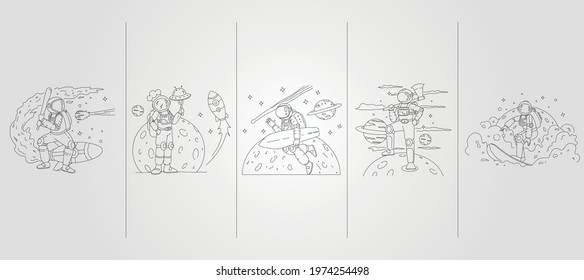 set bundled of astronaut vector line art illustration template design, astronaut baseball, kitchen, surf and woodwork illustration design