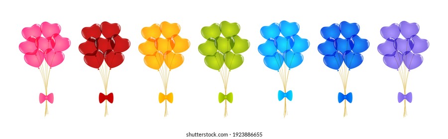 Set of bundles of balloons isolated on white - bunch of colored heart balloons - elements for Birthday and romantic design