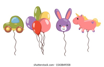 Set of bundles of colorful balloons. Vector illustration.