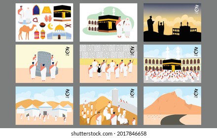 Conjunto de ilustraciones del Vector de peregrinación del Bundles Islam en un estilo plano. Un grupo de parejas musulmanas está haciendo peregrinación islámica al hajj. 