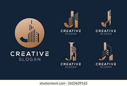 Set bundling letter J with building or architect logo design in luxury colors