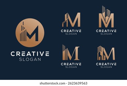 Set bundling letter M with building or architect logo design in luxury colors