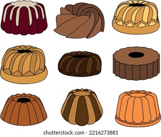 Set of bundt cake dessert vector illustration icons. Typical brown caligraphique outlined and colored ring cakes for Christmas and Easter.