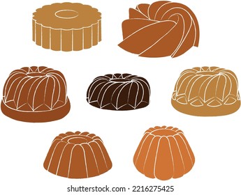 Set of bundt cake dessert vector illustration icons. Typical white brush outlined and colored ring cakes for Christmas and Easter.